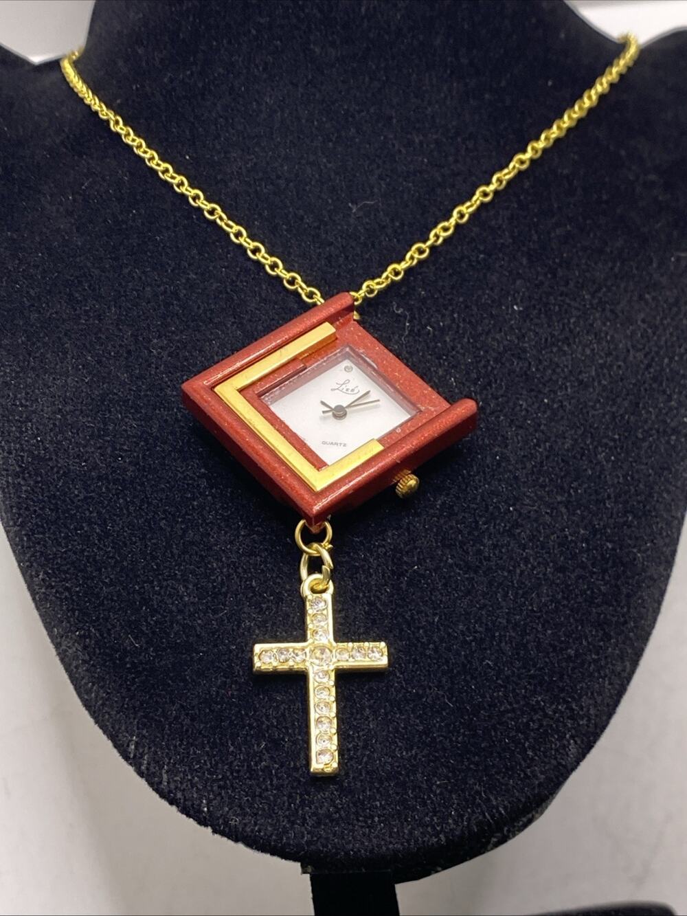 Womens Vintage Custom Gold Tone Christian Cross Necklace Watch Works New Battery